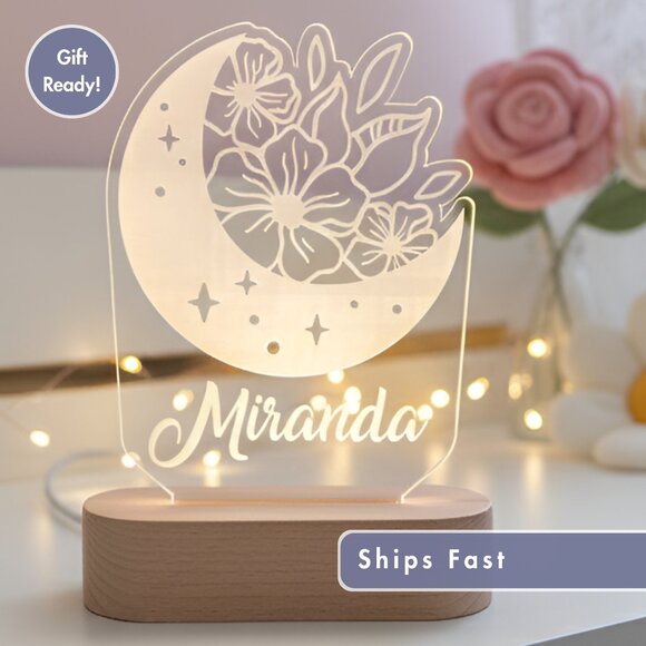 Moon & Flower Custom Name Light • Personalized LED Cloud Decor • Girl Gift - Picture 1 of 8